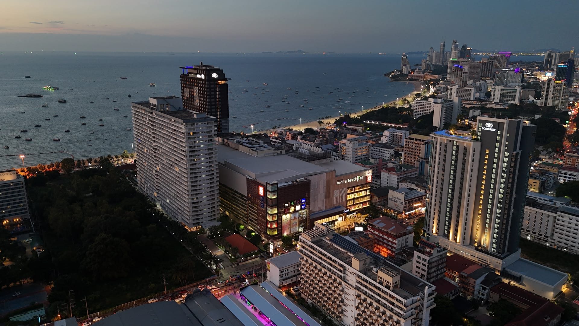 Aerial view of Central Pattaya hotels and skyline