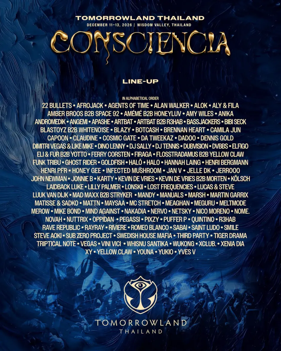 Official Tomorrowland Thailand 2026 lineup — Consciencia, Wisdom Valley, December 11–13